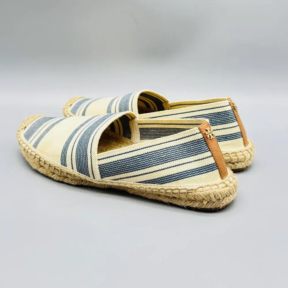 Tory Burch Shoes Womens 8.5 Blue Ivory Canvas Stripe Espadrilles Jute Slip On